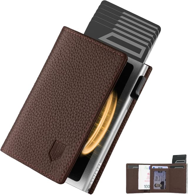 Detalle de DODENSHA MagSnap Pebble Geldbörse mit Münzfach, Slim Wallet inkl. RFID-Schutz – braun-silber