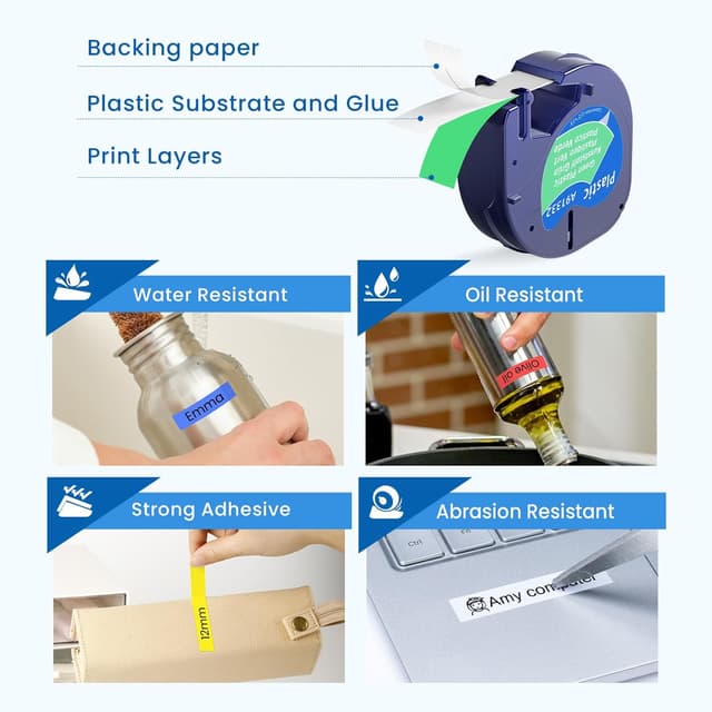 Detalle de 6er-Pack Etikettenband kompatibel mit DYMO LetraTag 12 mm x 4 m (UV-beständig, wasserfest) – bunt: Schwarz auf Klar/Weiß/Rot/Gelb/Blau/Grün