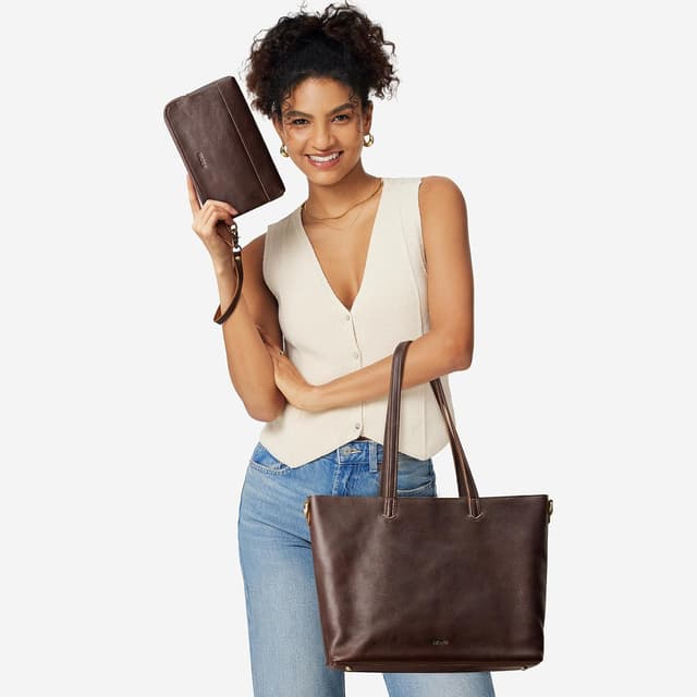 Thumbnail 1 de S-ZONE Women’s Leather Tote + Crossbody Bag Set with 15" Laptop Sleeve and Wrist Wallet