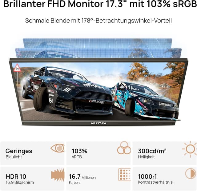 Detalle 2 de ARZOPA Portable Monitor 17,3 Zoll FHD IPS mit Standfuß – USB‑C & HDMI Zweitbildschirm für Laptop, PC, Smartphone, PS5, Xbox