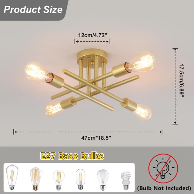 Detalle de LXWNYY Sputnik 4-Arm Gold Ceiling Light (E27) for Dining Rooms & Kitchen Islands