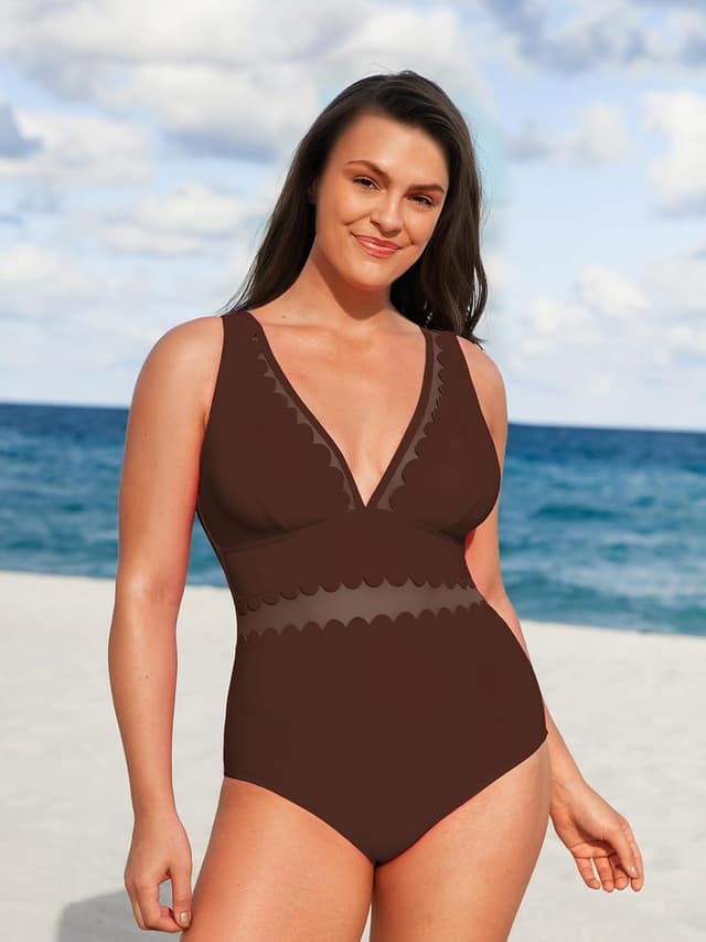 Detalle de Costume da bagno intero donna Plus Size con scollo a V e rete smerlata, spalline regolabili