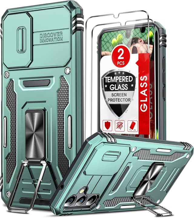 Detalle de LeYi Samsung Galaxy A34 5G Case with rotating kickstand, sliding camera cover and screen protectors (Light Green)