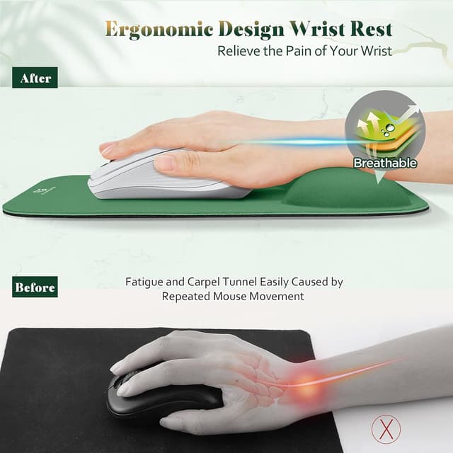 Detalle 2 de Gimars Tappetino Mouse con poggiapolsi in memory foam e base antiscivolo (verde scuro) 28×21 cm