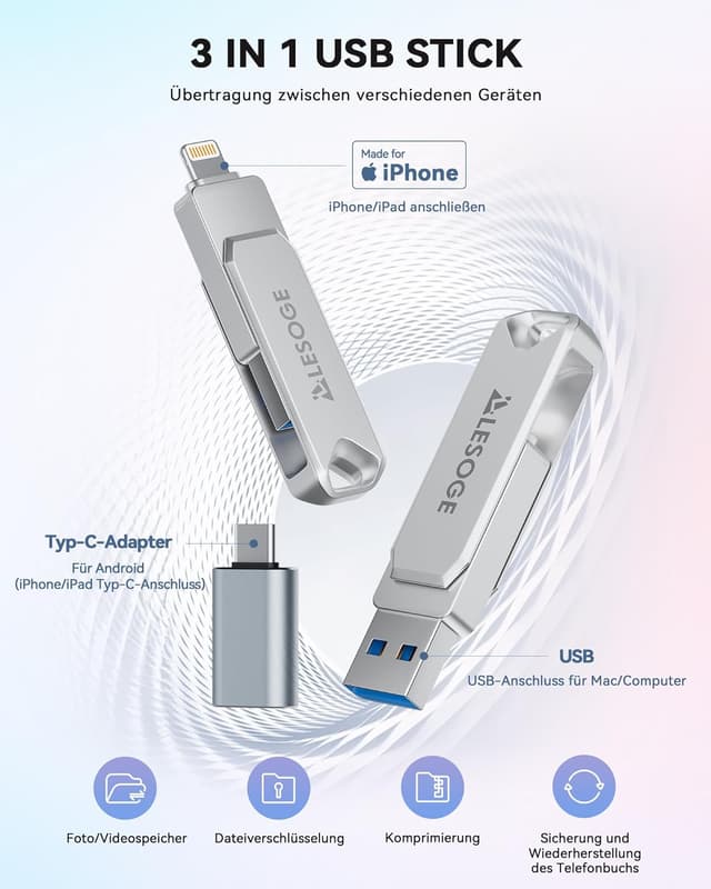 Detalle de LESOGE MFi-zertifizierter 3-in-1 USB-Stick (128 GB) für iPhone, iPad & Android – USB 3.0 Fotostick