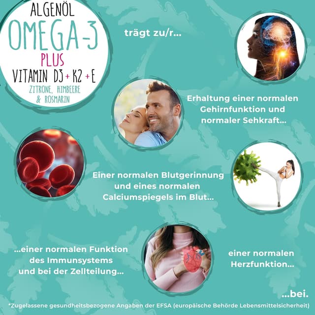 Detalle 2 de Omega-3 Algenöl PLUS von Algenöl PLUS – 40% DHA & 20% EPA mit Vitamin D3, K2 (MK7) sowie Vitamin E (vegan), Zitrone & Rosmarin