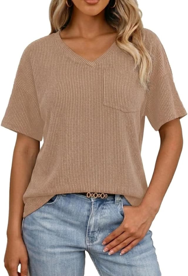 Detalle de GLEENOD Damen Kurzarm‑T‑Shirt mit V‑Ausschnitt und Tasche – Oversize Sommeroberteil für Alltag & Büro