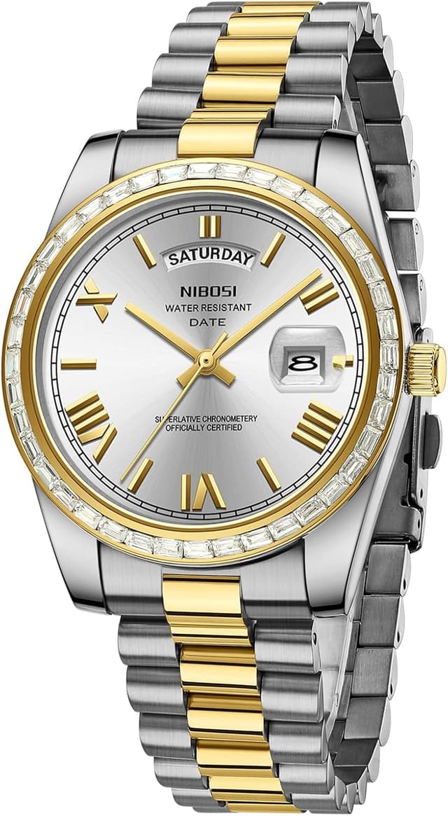 Detalle de NIBOSI Orologio da uomo analogico al quarzo con lunetta con diamanti, quadrante con giorno/data e impermeabilità 3 ATM