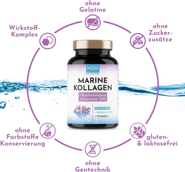 Detalle de Premium Marine Kollagen Kombo 1000 mg + Q10: mit Hyaluronsäure, Kupfer, Mangan, Vitamin C, Zink & Biotin (2er Pack)