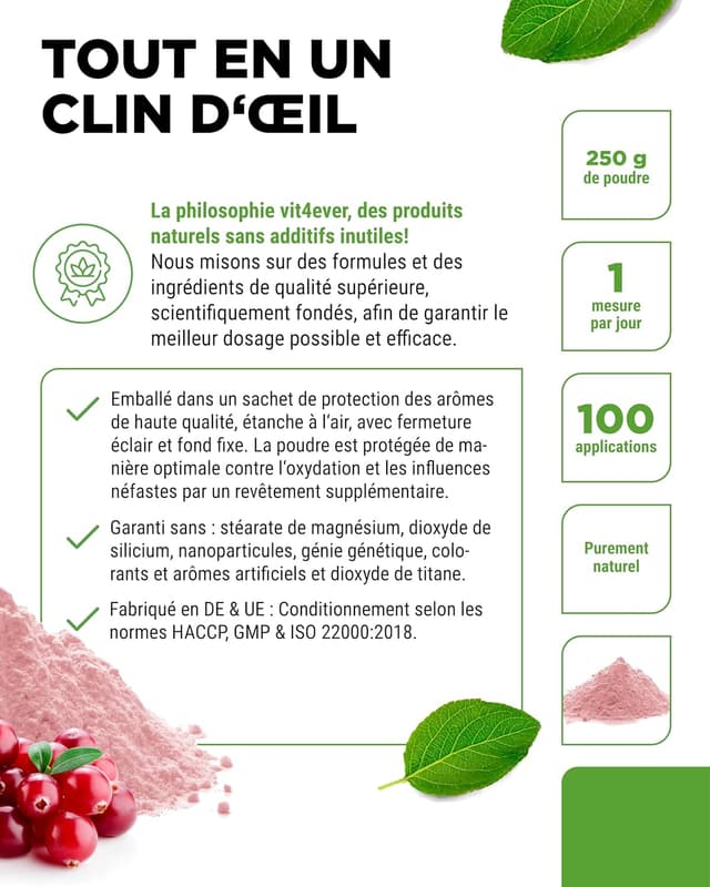 Detalle 2 de Poudre de D-mannose avec cranberry vit4ever – 250 g, à dissoudre dans l’eau