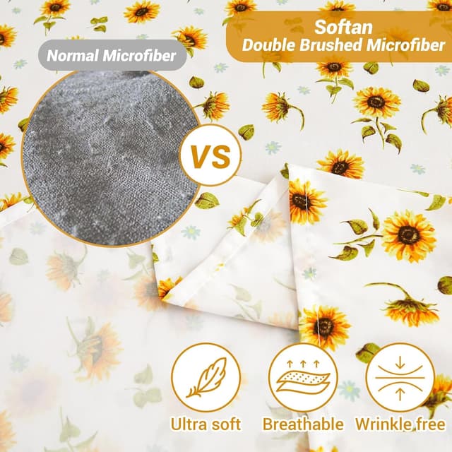 Detalle de Softan Floral Sheet Set Queen (Sunflower) — Double Brushed Microfiber Fitted Sheet with 15" Deep Pocket