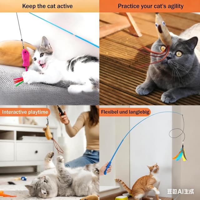 Detalle de Katzenspielzeug-Set 15-teilig mit Katzenangel (bis 98 cm) und Feder- & Mäuseköpfen