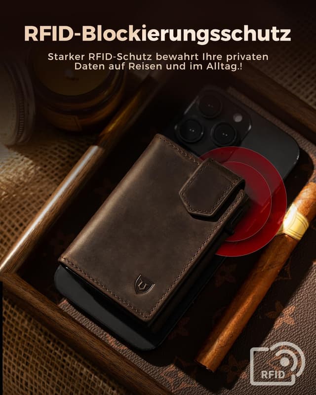 Detalle 2 de LORZOR Kartenetui mit XXL Münzfach (für 10+ Münzen), magnetischer Verschluss und RFID-Schutz – Slim Wallet aus Vollrindleder