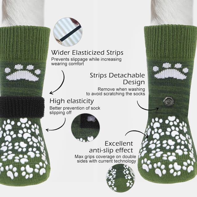 Detalle de EXPAWLORER Anti-slip Dog Socks with Grips (Double-sided gel boots) – Army Green, Size L