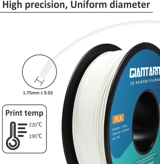 Detalle 2 de GIANTARM PLA Filament 1,75 mm (weiß) auf 1-kg Spule – für sauberes, präzises Drucken