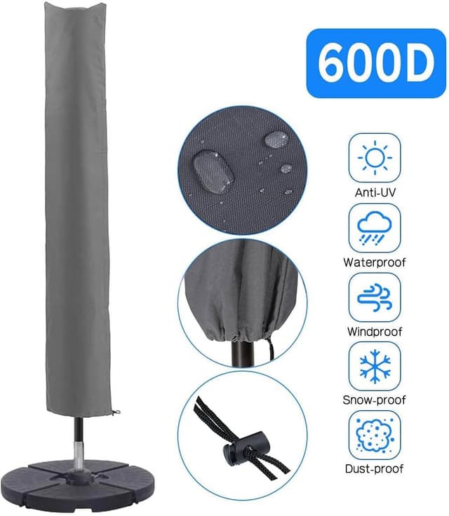 Detalle de PATIO PLUS Patio Parasol Cover (153 x 30 x 30cm) – Grey, waterproof 600D Oxford with drawstring base