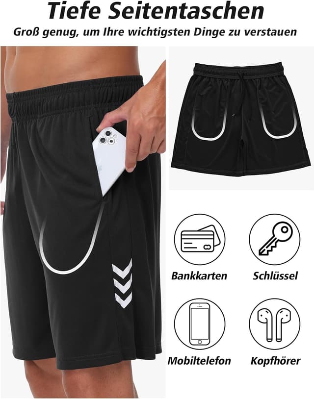 Detalle de kuzwufs Herren Sporthose – kurze, atmungsaktive Dry-Fit Gym- & Lauf-Shorts mit reflektierenden Details