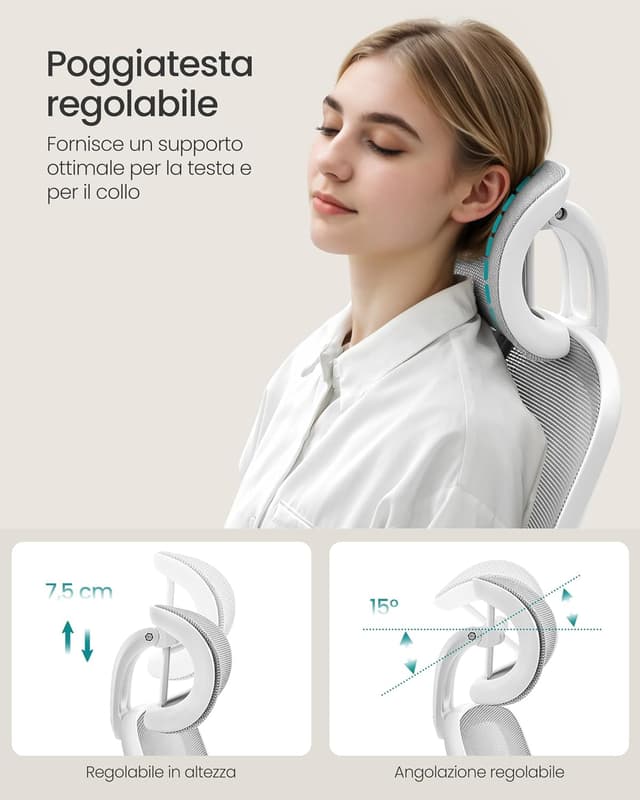 Detalle de SONGMICS OBN047G01 – Sedia da ufficio girevole ergonomica con rete, supporto lombare e poggiatesta