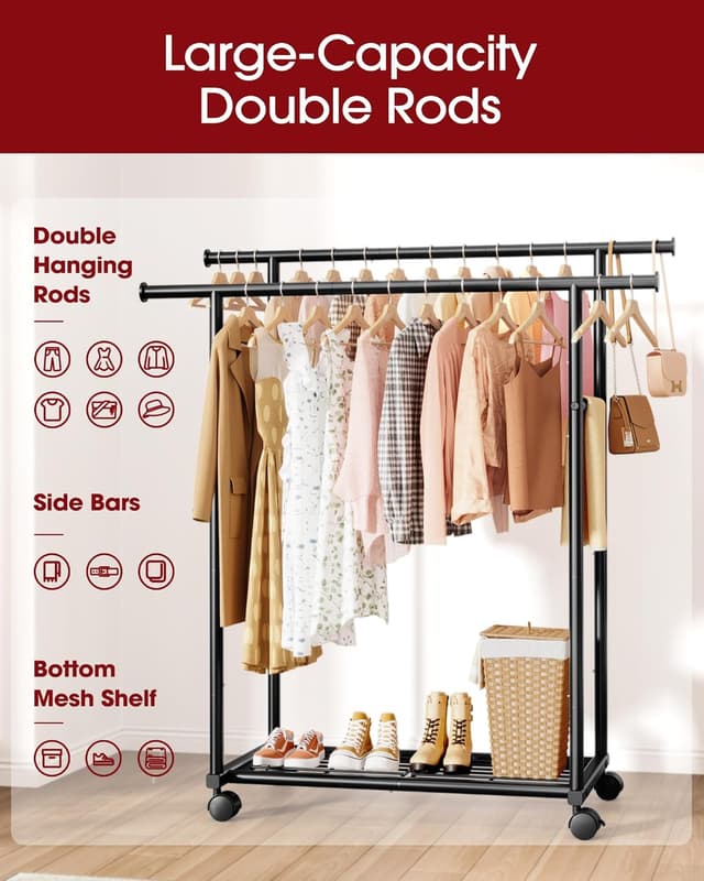 Detalle de Sakugi double-rod clothes rail with fixed extension rod, mesh shelf and universal wheels (98cm x 42cm x 150cm) - Black