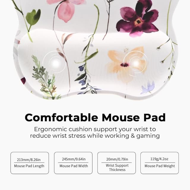Detalle de EooCoo mouse mat with wrist support (memory foam) – ergonomic gaming desk accessory, white flowers