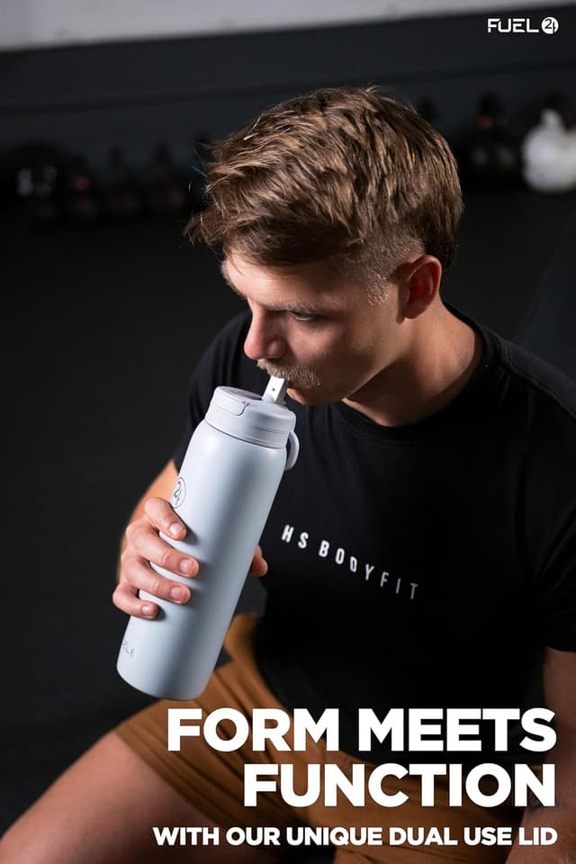 Detalle de Fuel24 Duo stainless steel water bottle (700ml or 1L) with dual-use lid and straw – vacuum insulated flask