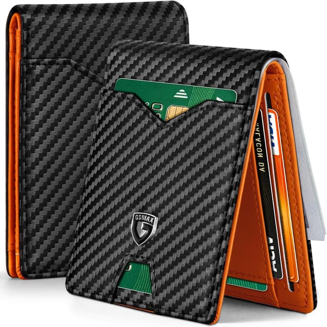 Detalle de GSOIAX Slim Wallet for Men RFID Blocking Leather Bifold (Carbon Black and Orange) — Ultra-Thin Carbon Fiber Credit Card Holder