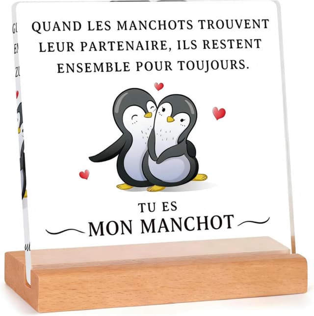 Detalle de Mvyc Cadeau Couple Original : plaque acrylique « Tu es mon manchot » avec socle en bois