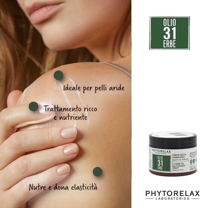 Detalle 2 de PhytorelaxLaboratories Olio 31 Erbe Vegan & Organic – Crema Ricca da Massaggio balsamica e tonificante da 250 ml