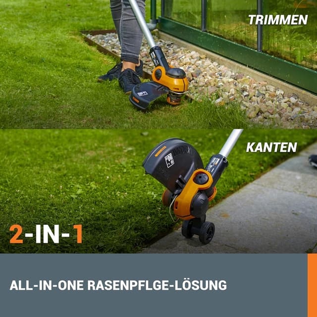 Detalle de WORX WG163E.1 Akku-Rasentrimmer 20V 2-in-1 mit Rad zum Kantenschneiden (30 cm Schnittdurchmesser)