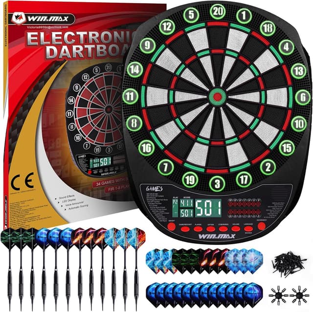 Detalle de WIN.MAX Elektronische Dartscheibe Profi Set – 34 Games mit 354 Varianten, 3 Sprachen (DE/EN/FR) und Platz für 12 Darts