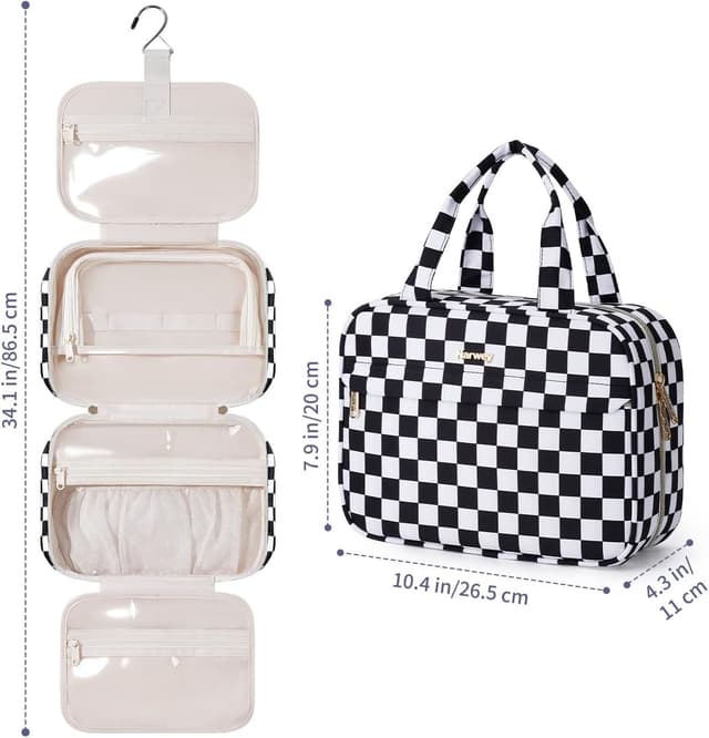 Detalle de Narwey Hanging Toiletry Bag (Large) with Compartments – Black Checkerboard Travel Wash Bag