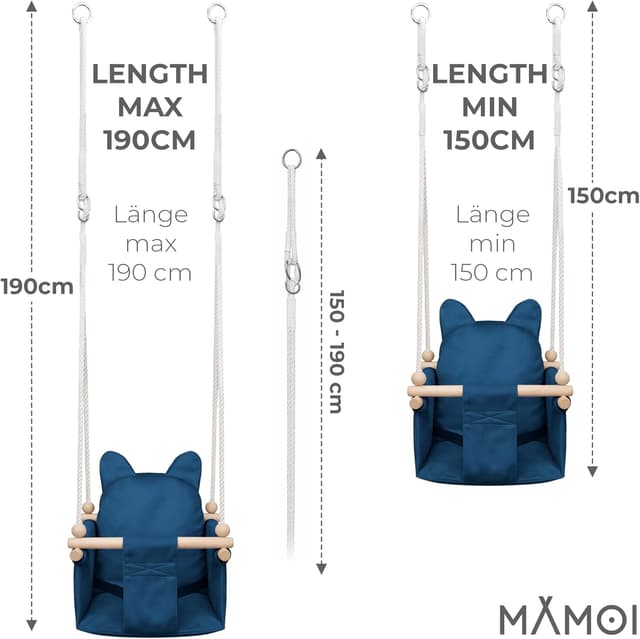 Detalle de Balançoire intérieure MAMOI avec ceinture de sécurité, hauteur réglable 150–190 cm et siège en velours