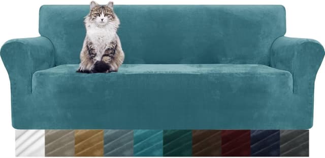 Detalle de MAXIJIN Housse de canapé en velours épais super extensible 3 places – protection anti-taches et anti-dérapante (bleu paon)