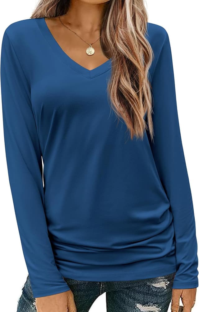 Detalle de Zeagoo T-shirt manches longues femme col V basique – coupe ample décontractée, couleur unie (S à XXL)