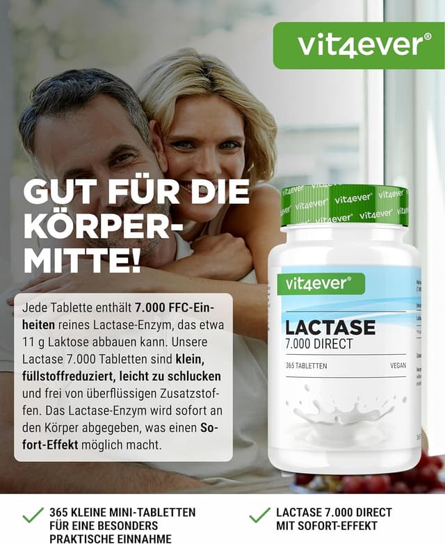 Detalle 2 de Laktase 7.000-365 Tabletten mit Sofortwirkung (7.000 FCC-Einheiten) – für Laktoseintoleranz, vegan