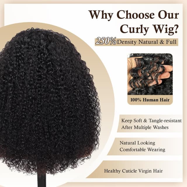 Detalle de Lannaax 13x6 HD Lace Curly Wig (250% Density) — Virgin Remy Human Hair Drawstring, Natural Black, 20 Inch