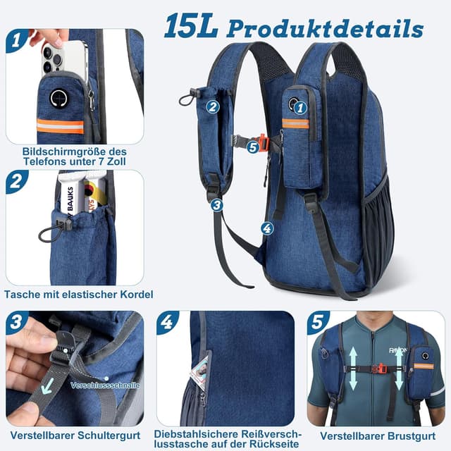 Detalle 2 de BECOJADDE 15‑Liter Wanderrucksack: faltbarer leichter Daypack mit Organizer-Design