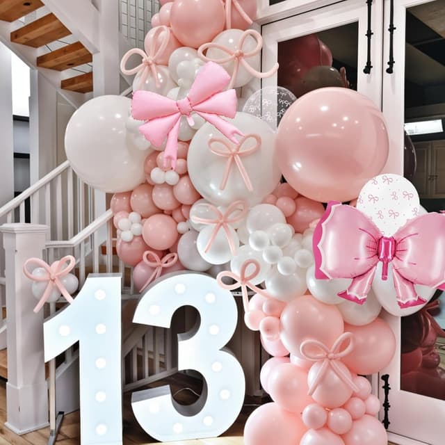 Detalle de Bow Balloons 35-Piece Light Baby Pink, White & Clear Pastel Balloon Set with Bow Foil Balloon and Ribbon
