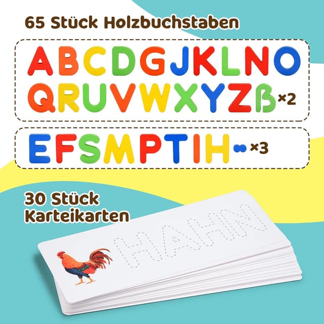 Detalle 2 de Qukir Buchstaben-Lernspiel: Montessori Alphabet mit 65 Holzbuchstaben & 30 Karten