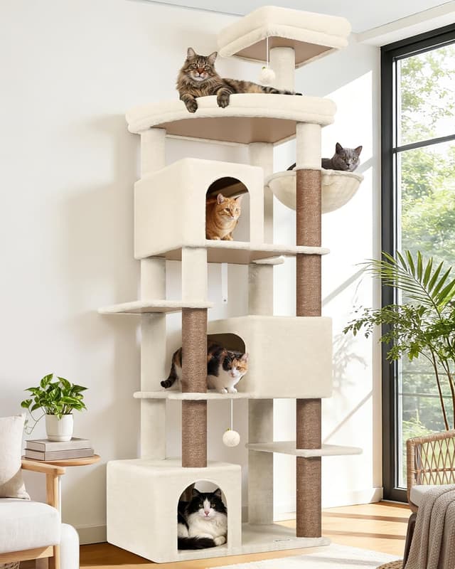 Detalle de Globlazer Tiragraffi per Gatti Beige XXL da 203 cm con 3 grandi grotte, piattaforma extra large e sisal pieno