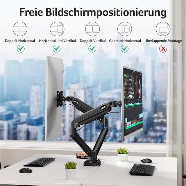 Detalle de Acer Dual-Monitor Halterung für 2 Monitore (17–32 Zoll) – Gasfederarm, VESA 75/100, neig- schwenk- drehbar