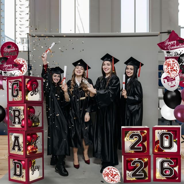 Detalle de Maroon Themed Class of 2026 Graduation Decorations Set (Balloons, Boxes, Letters & More)