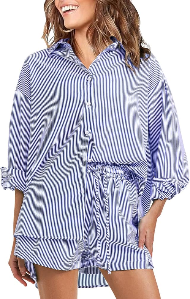 Detalle de Exlura Women’s Cotton Summer 2-Piece Long Sleeve Button-Down Shirt & Matching Short Set