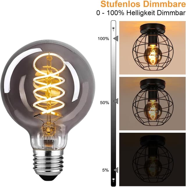 Detalle 2 de Edison Vintage Glühbirne E27 (LED, dimmbar, 4 W) – warmweißes Filament im Retro-Look, rauchgraues Glas (G80YHS, 6 Stück)