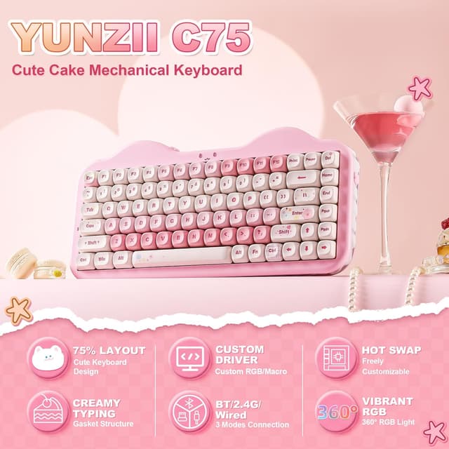 Detalle 2 de YUNZII C75 Wireless Mechanical Keyboard (75% Hot-Swappable, Gasket, BT5.0/2.4G/USB-C) – Pink Candy Linear