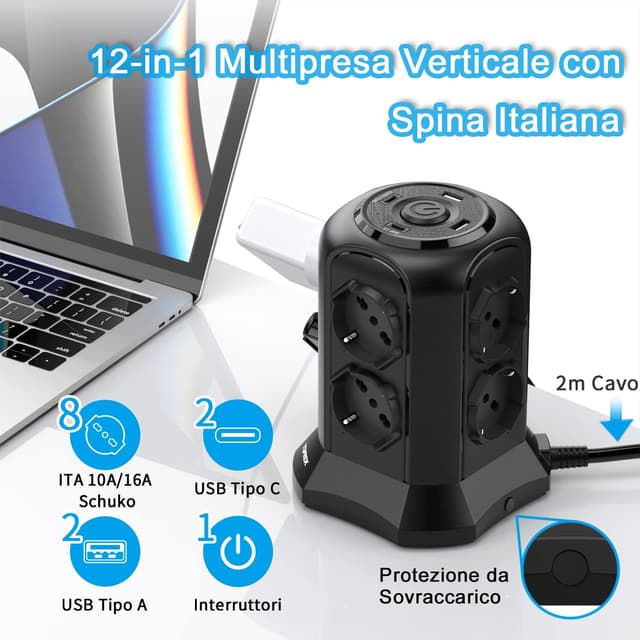 Detalle de TOPREK Multipresa Verticale con 8 prese universali ITA/Schuko e 4 USB (2 USB-C e 2 USB-A) 4000W/16A, nera