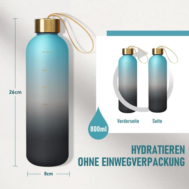Detalle 2 de Opard Trinkflasche 1L/800ml (800ml) aus Tritan, auslaufsicher – mit Zeitmarkierung