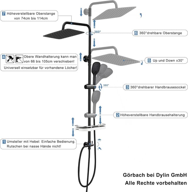 Thumbnail 4 de JOHO Columna Ducha Negra Ajustable 74–114 cm