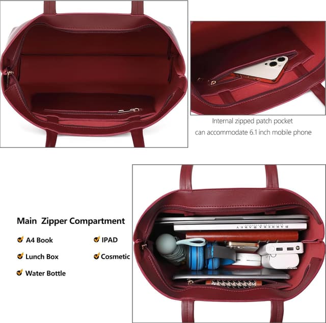 Detalle de MEEGIRL ladies tote bag in faux PU leather with zip and inner pocket, 42 x 12 x 30cm