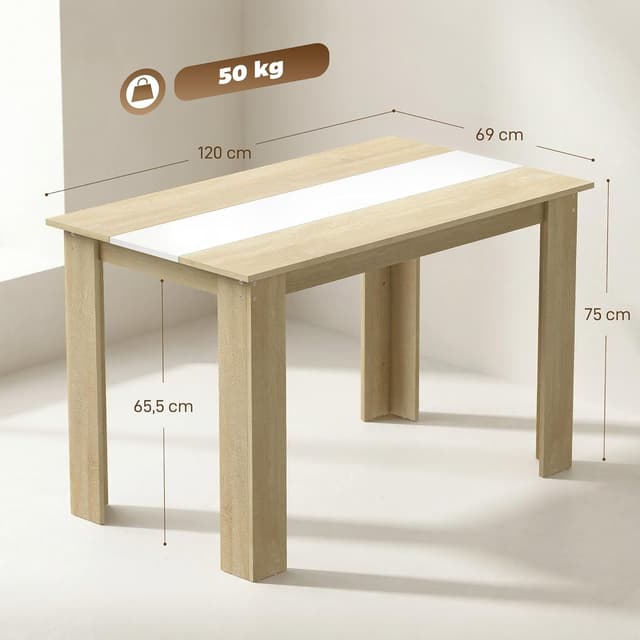 Detalle de HOMCOM Table à manger rectangulaire 120 x 69 x 75 cm (chêne et blanc) pour 4 à 6 personnes